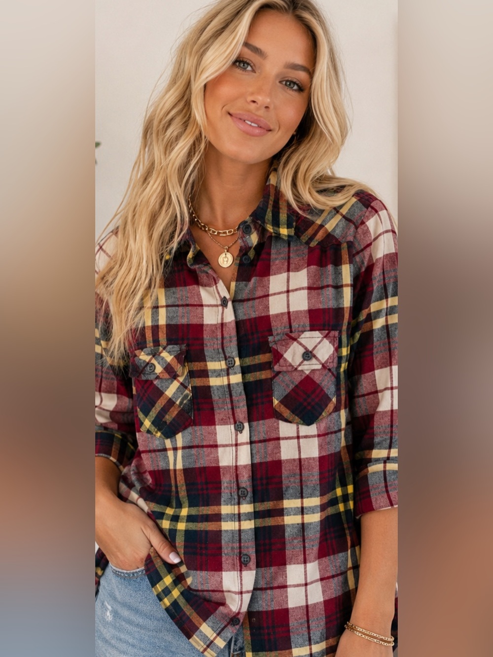 Fall Plaid Flannel Shirt Fitted Size Small Red Blue White Yellow